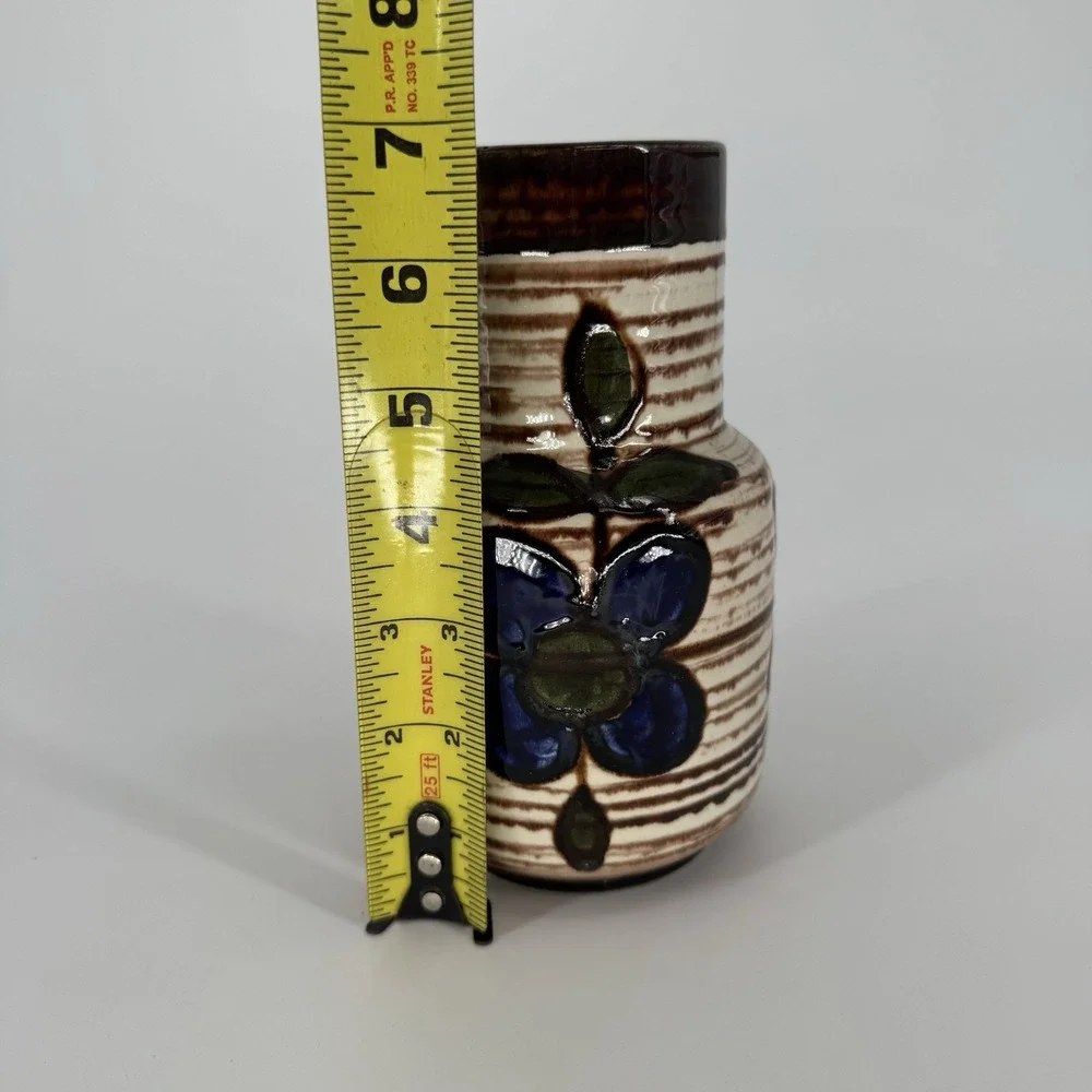 Mid Century Modern Vase Austria Blue Floral Terracotta Glaze Vintage Bohemian‎
